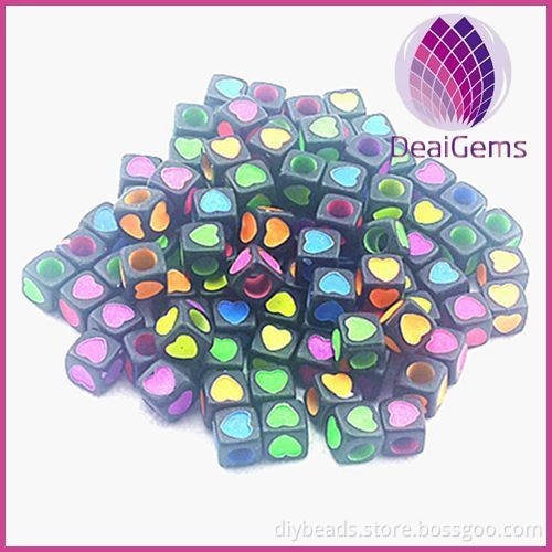 7mm cube black with colorful heart acrylic beads